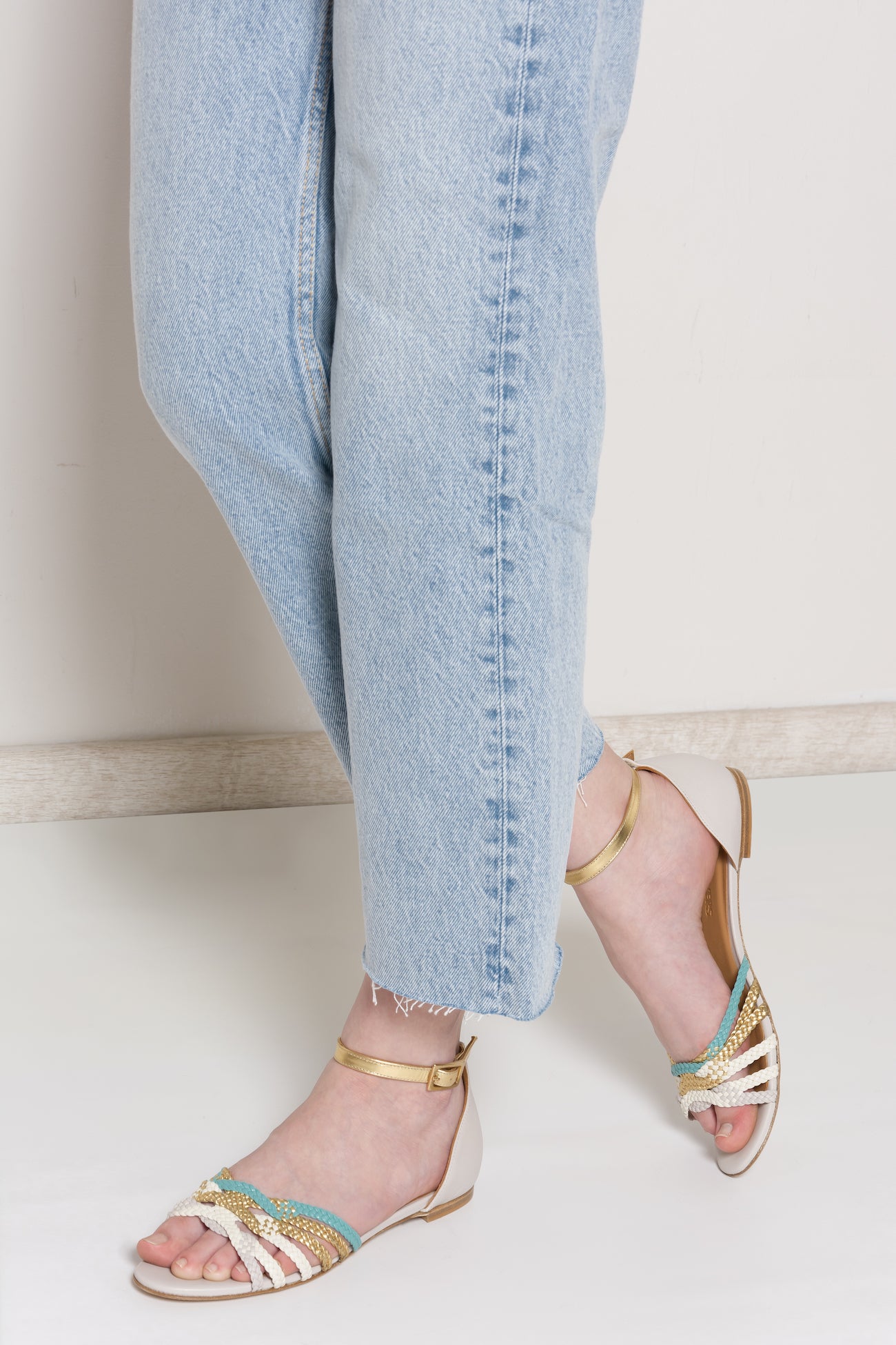 MENPHIS Handbraided Grey Turquoise Flat Sandals