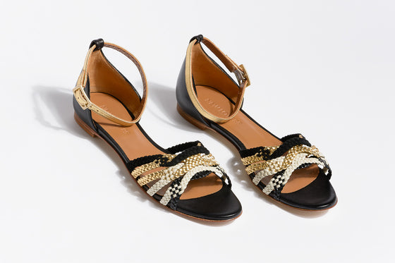 MENPHIS Handbraided Black&Gold Flat Sandals