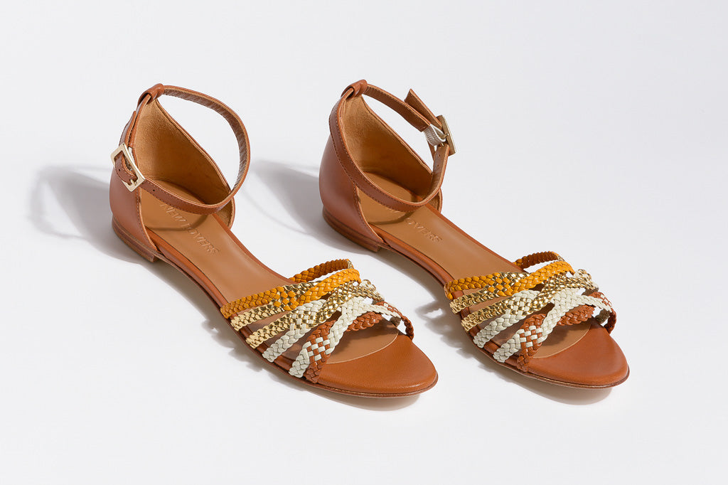 MENPHIS Handbraided Tan Gold Flat Sandals