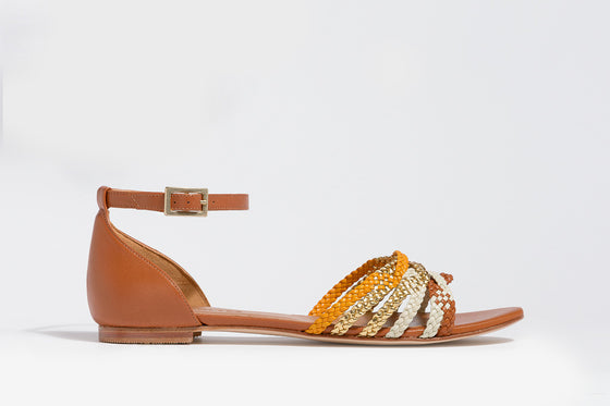 MENPHIS Handbraided Tan Gold Flat Sandals